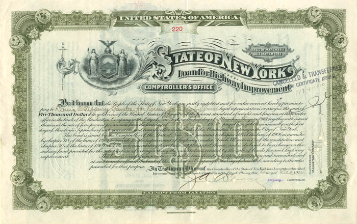 State of New York Issued to Louis Comfort Tiffany